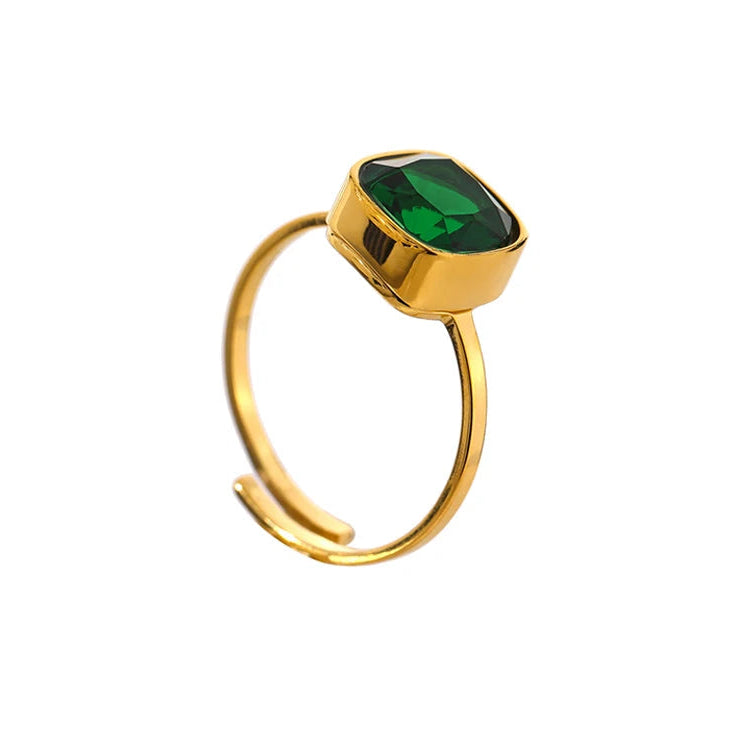 Gold stainless steel adjustable ring with glass-crystal centerpiece