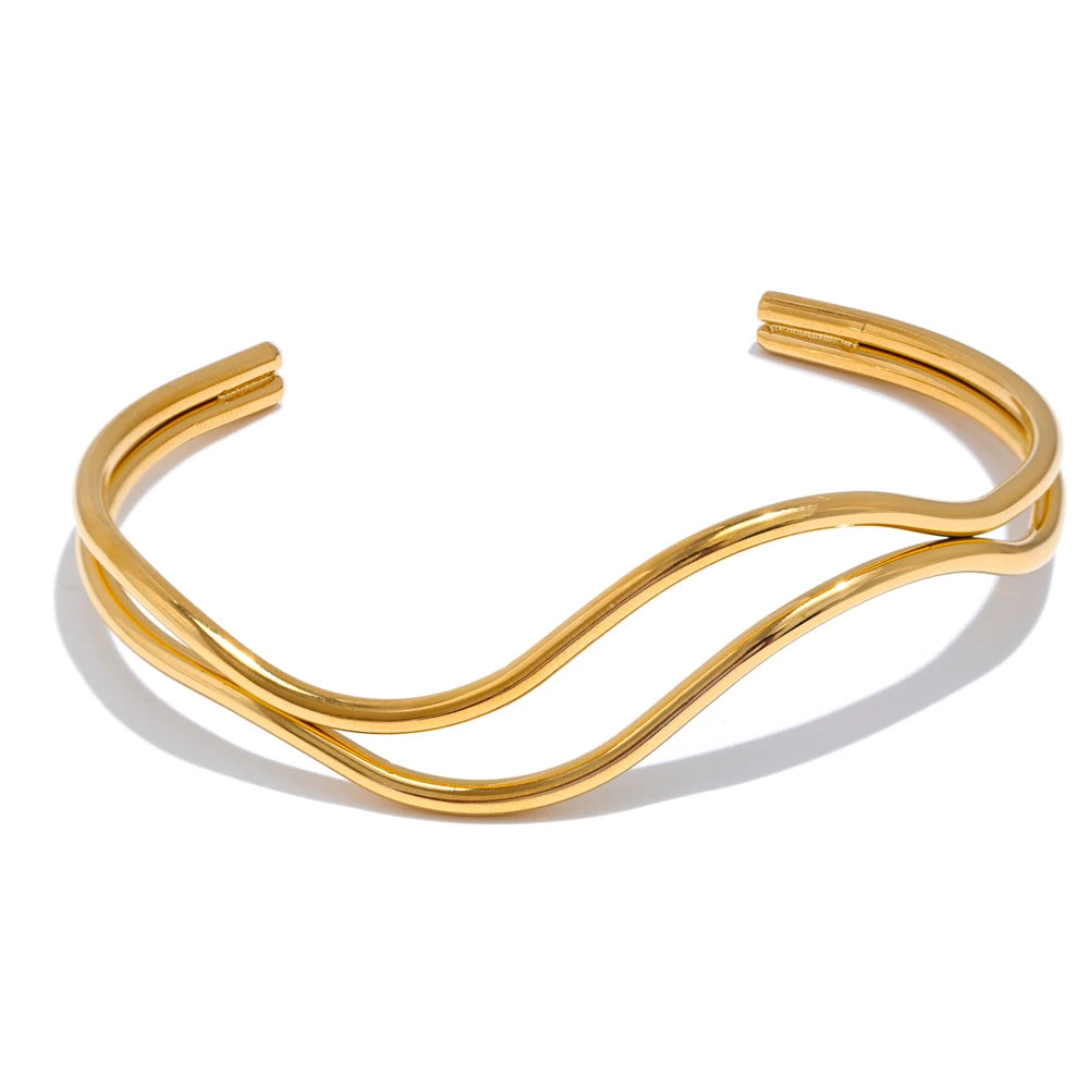 Gold stainless steel double-layer hollow cuff bracelet with minimalist finish