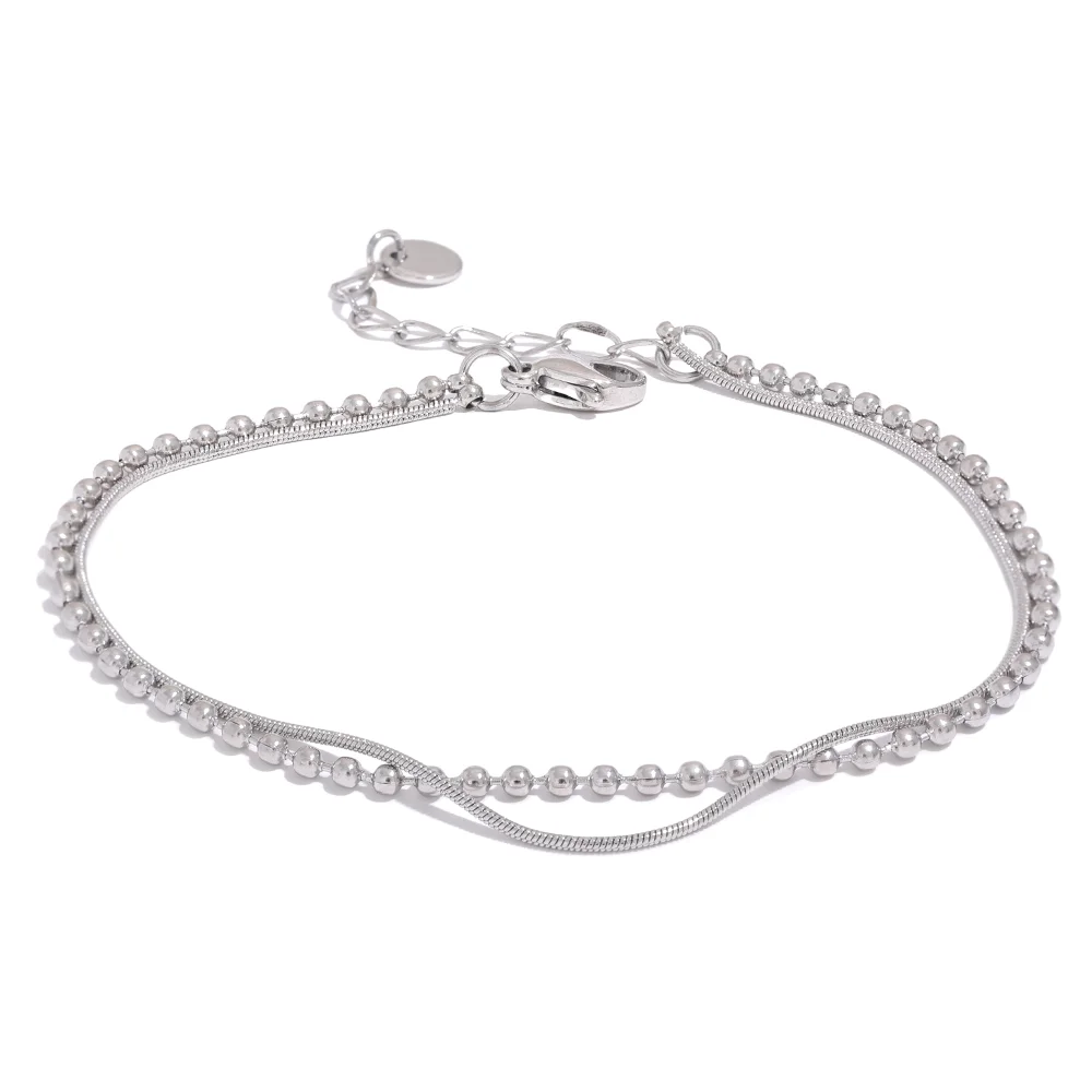 Gold stainless steel layered double-chain bracelet with bead details