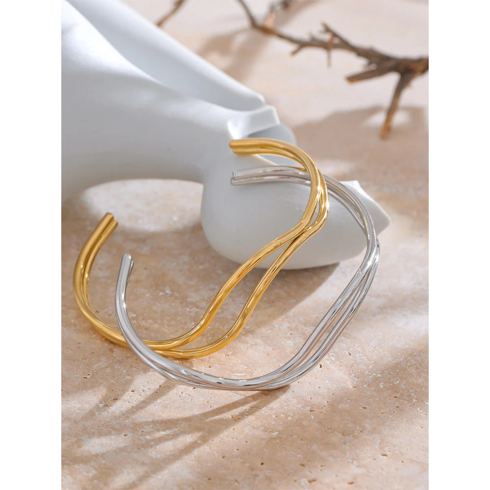 Silver stainless steel double-layer open cuff bracelet