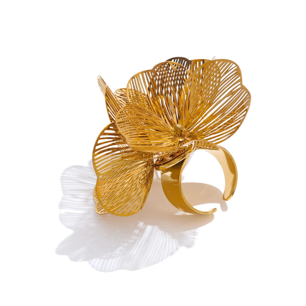 Gold stainless steel adjustable ring with bold flower-inspired detail