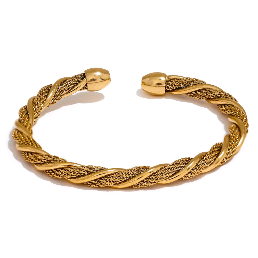 Gold stainless steel twisted round cuff bracelet with textured finish