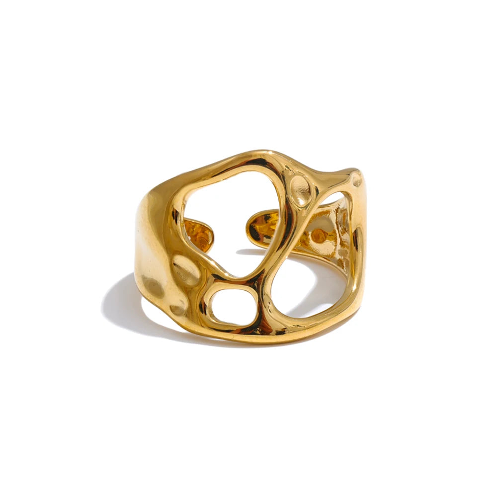 Gold stainless steel adjustable ring with textured oval centerpiece