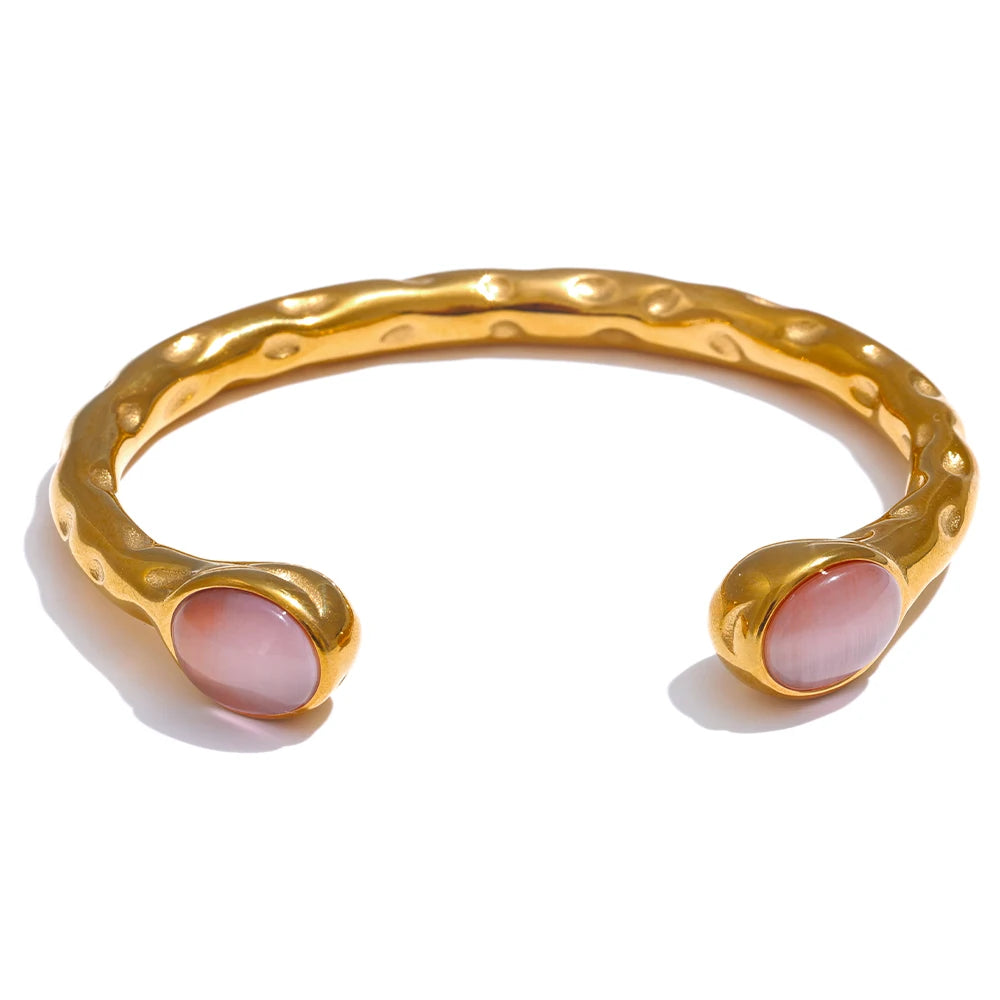 Gold stainless steel open cuff bracelet with colorful natural stone details