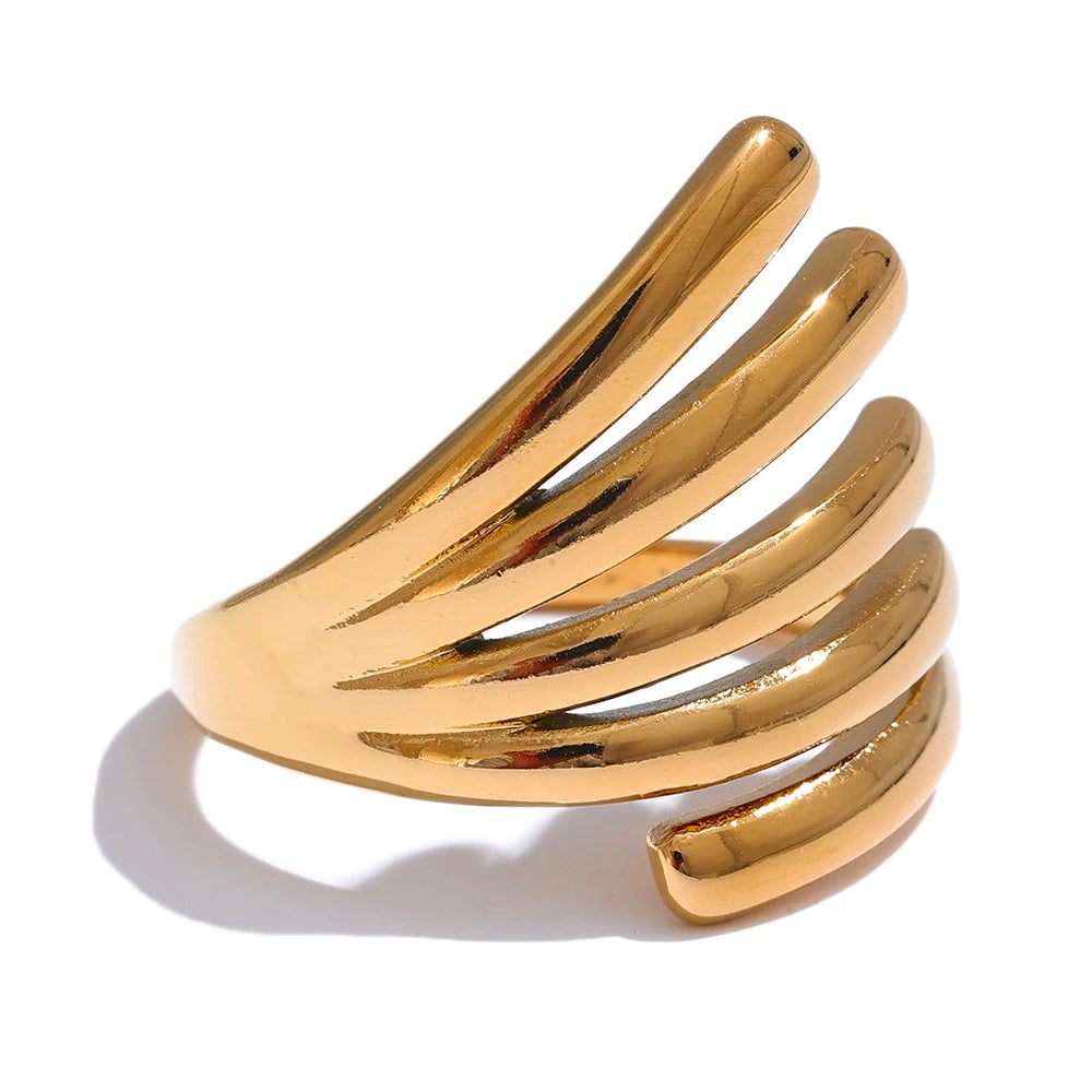 Gold stainless steel layered open-band ring with dimensional silhouette