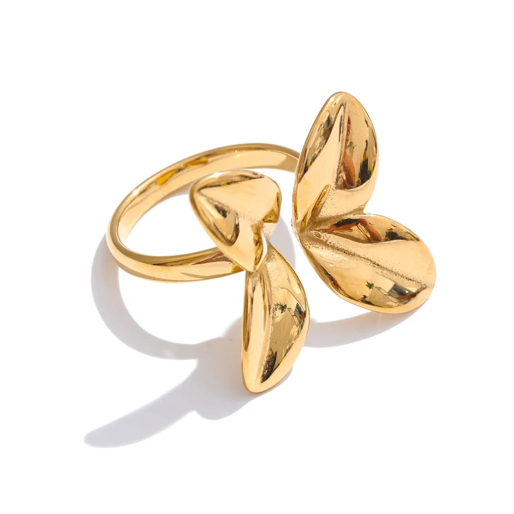Gold stainless steel adjustable ring with flower-inspired detail