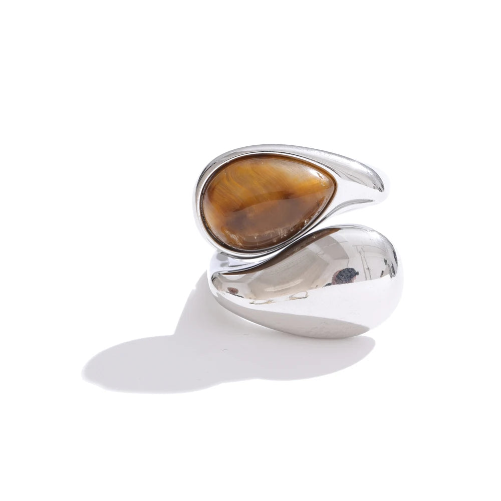 Gold stainless steel adjustable ring with tiger-stone water-drop centerpiece