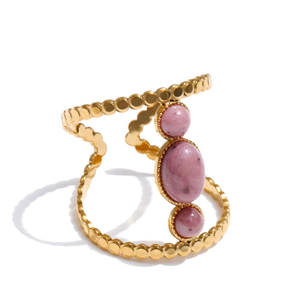 Gold stainless steel adjustable ring with natural rhodochrosite or tiger-stone centerpiece
