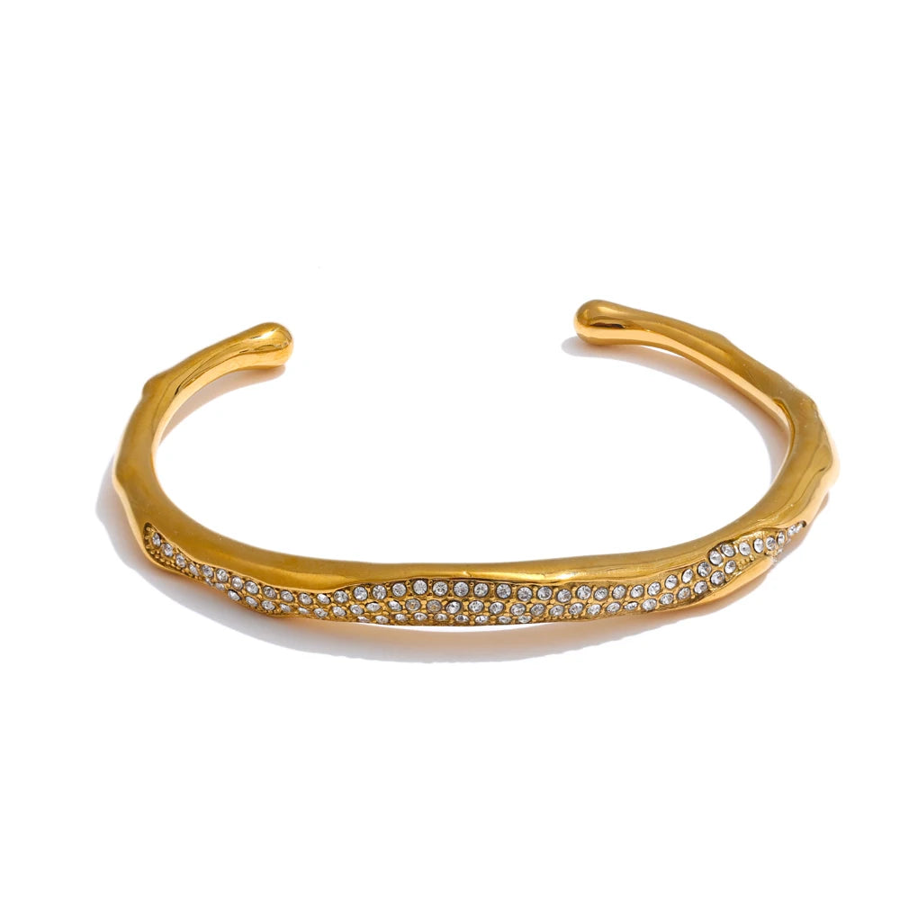 Gold stainless steel open cuff bracelet with cubic zirconia details