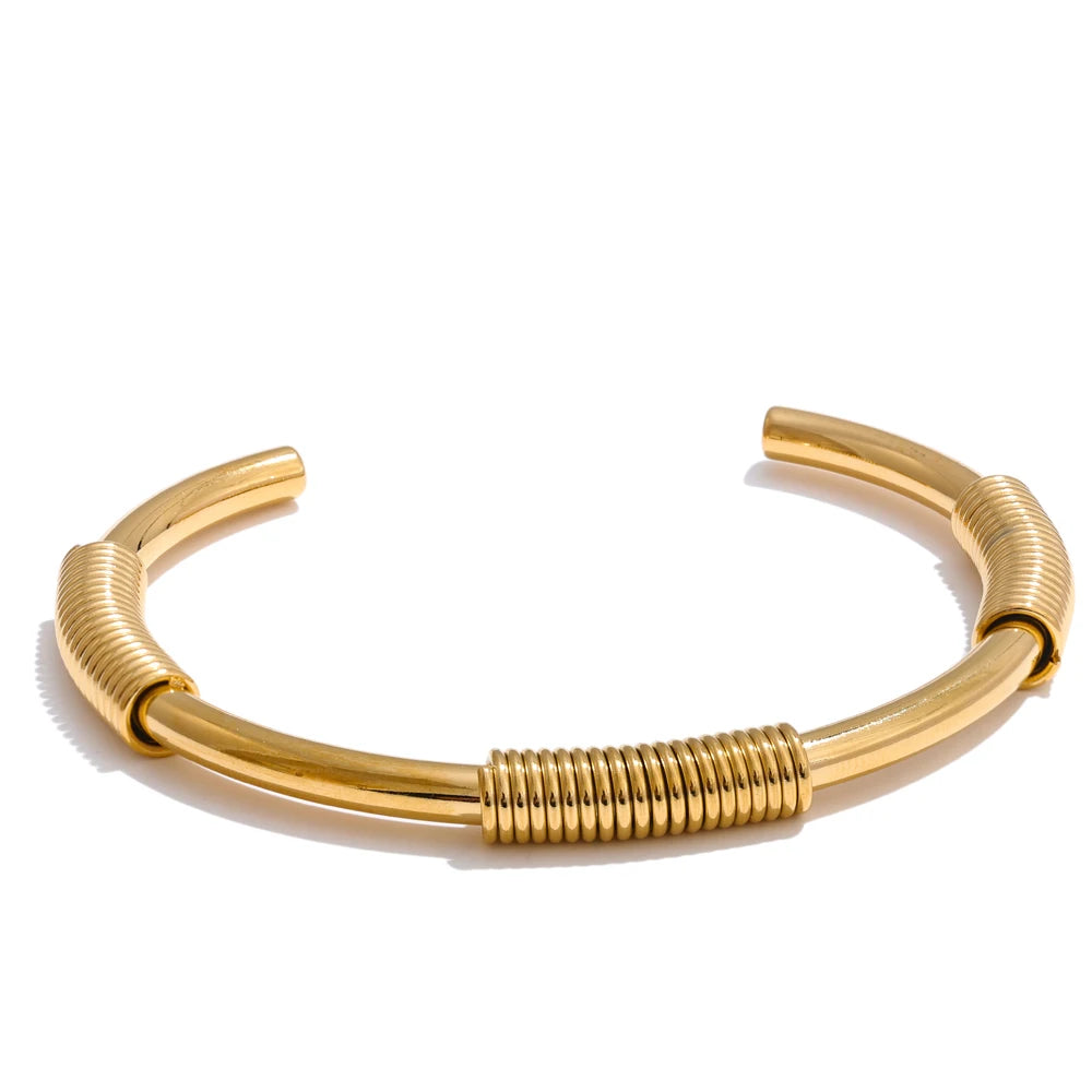 Gold stainless steel round open cuff bracelet with subtle textured finish