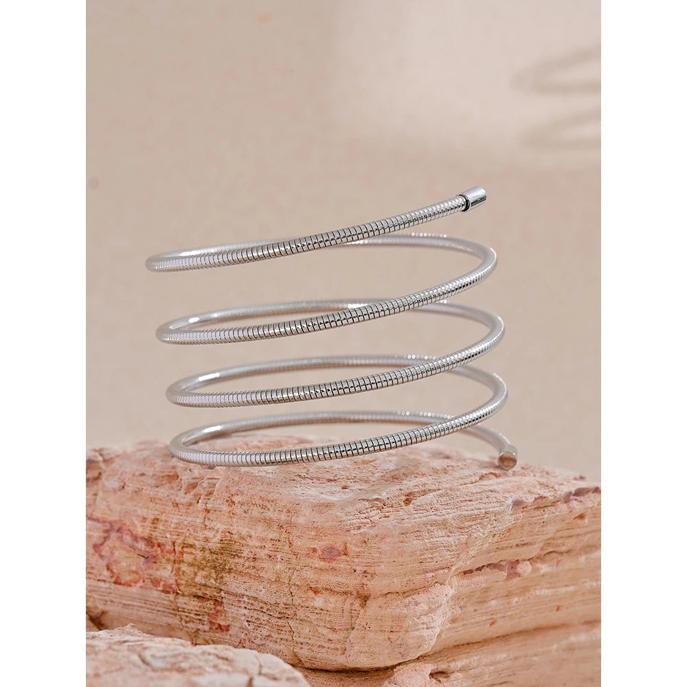 Silver stainless steel layered bangle bracelet with textured finish