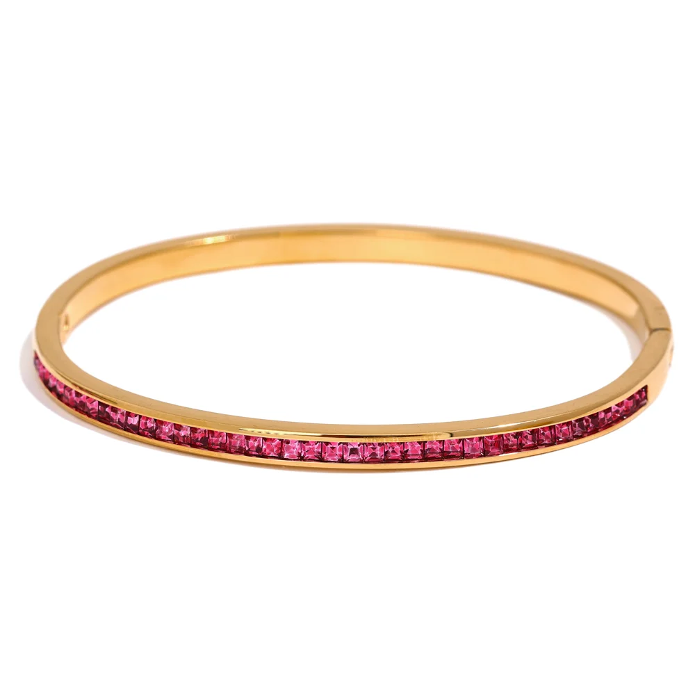 Gold stainless steel bracelet with colorful round and square zirconia details