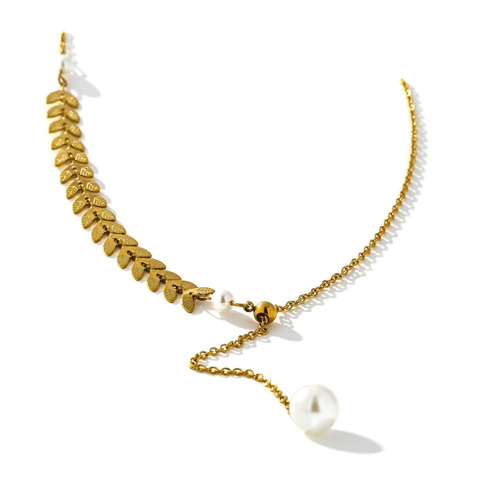 Gold stainless steel adjustable necklace with textured oval pendant
