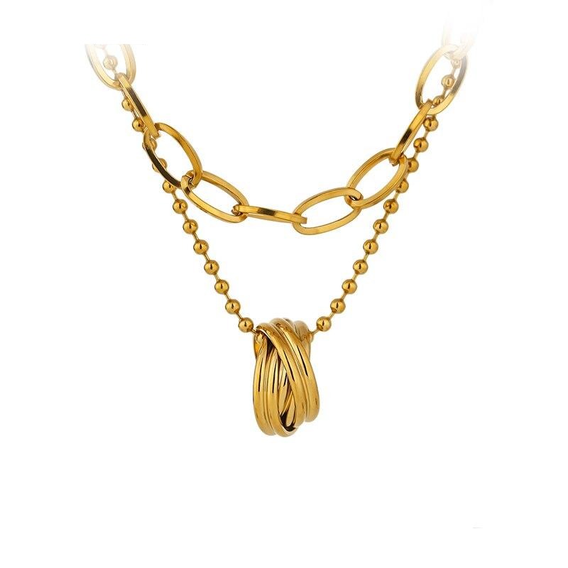 Gold stainless steel adjustable necklace with textured oval pendant