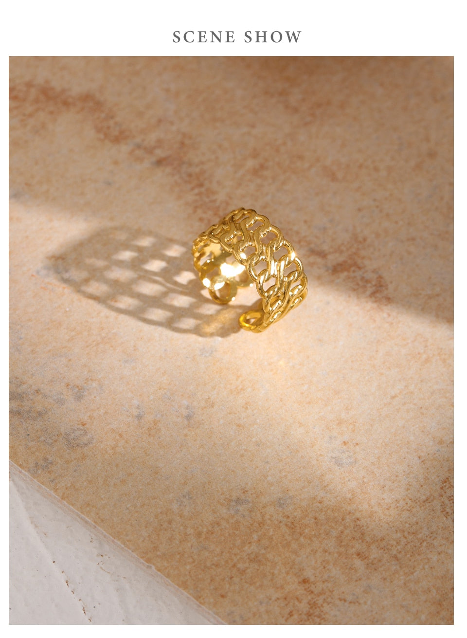 Close-up of polished gold-tone ring surface