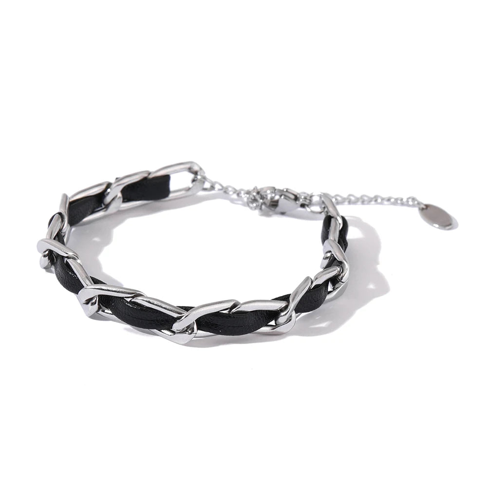 Gold stainless steel chain bracelet with leather-inspired accent