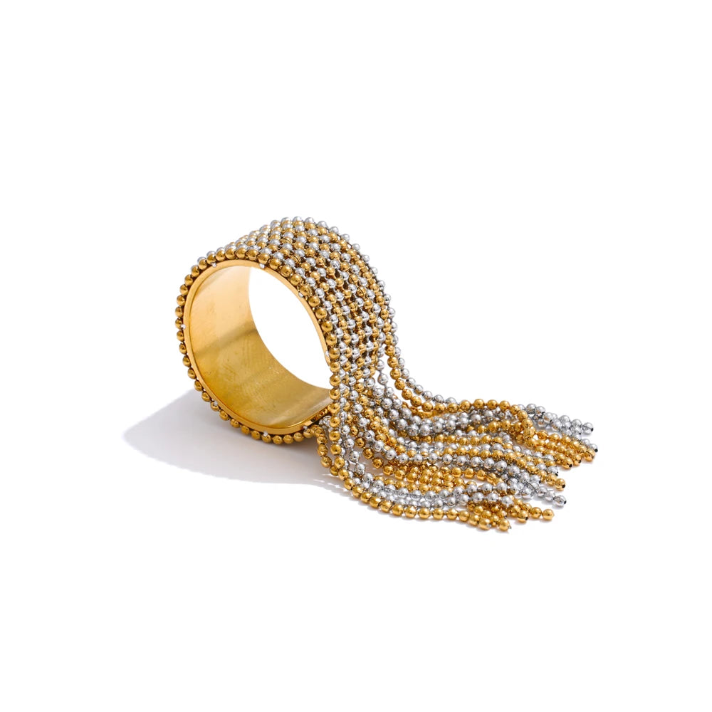 Gold stainless steel adjustable ring with chain-tassel detail