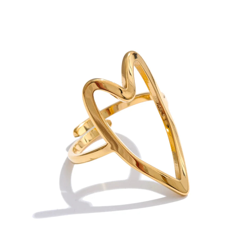 Gold stainless steel ring with polished hollow-heart design