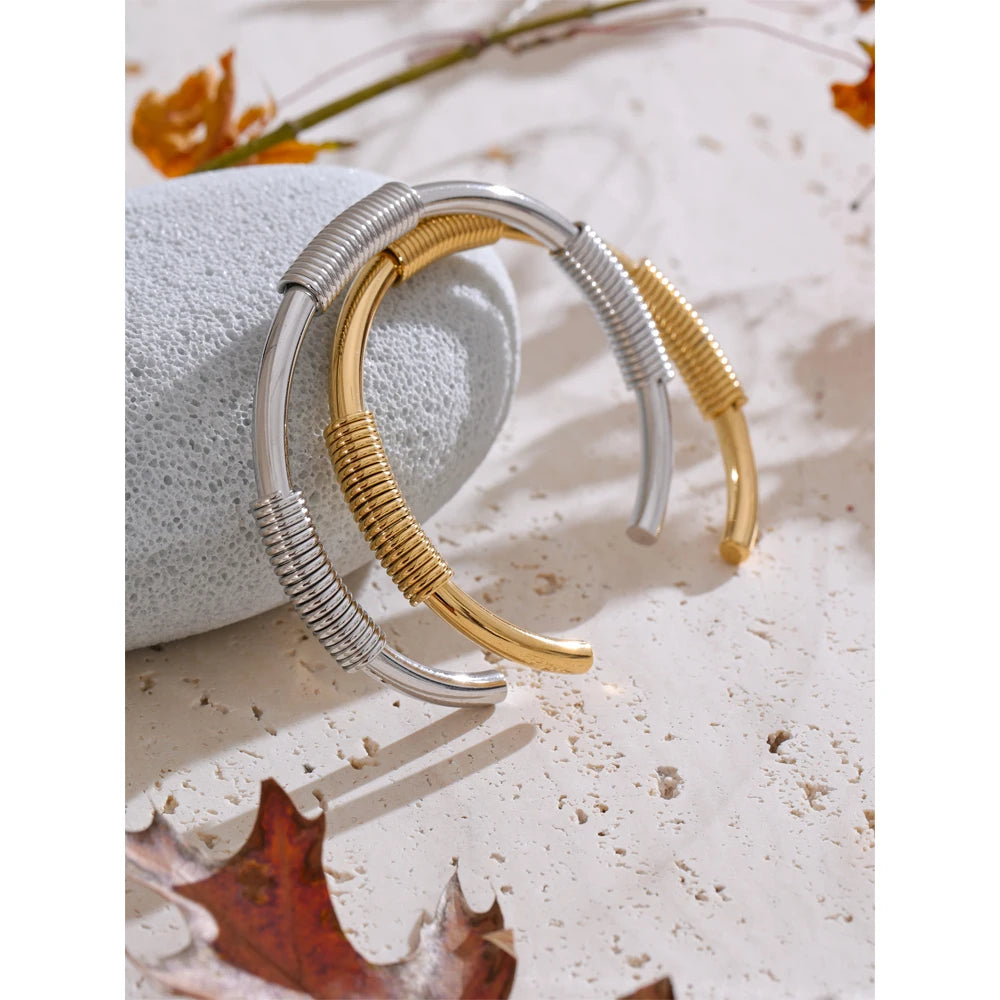 Silver stainless steel round open cuff bracelet with polished finish