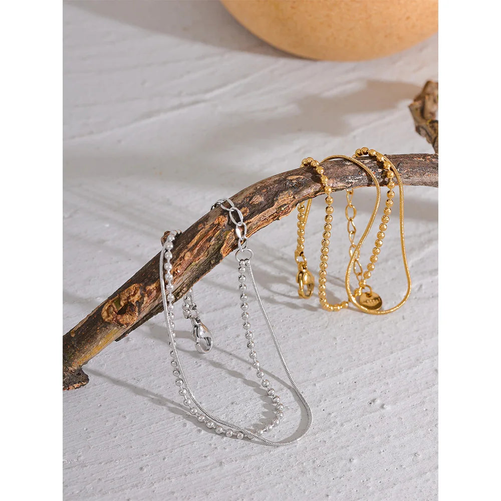 Silver stainless steel layered double-chain bracelet