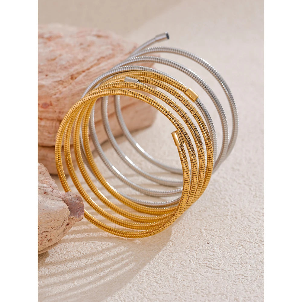 Gold stainless steel layered bangle bracelet with textured finish