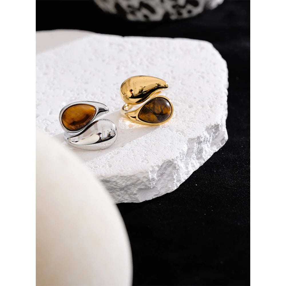 Silver stainless steel adjustable ring with tiger-stone centerpiece