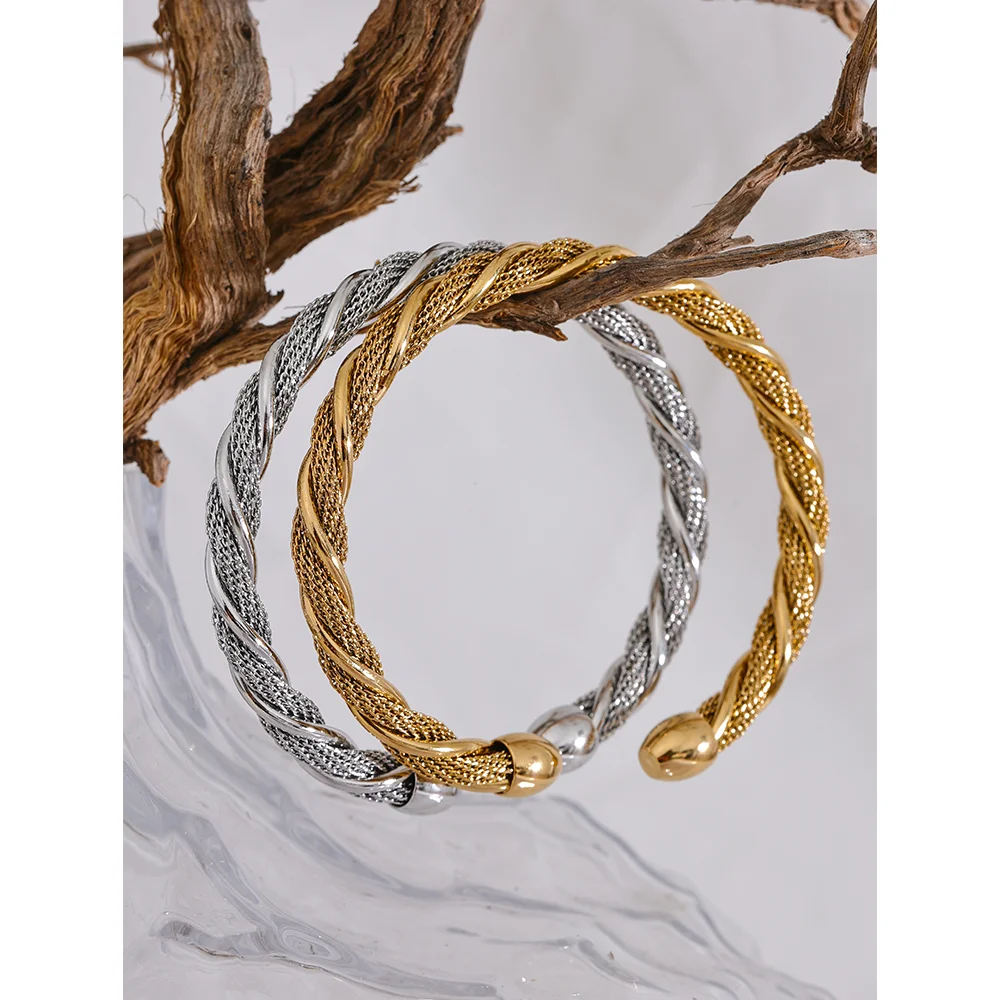 Silver stainless steel twisted cuff bracelet with textured finish