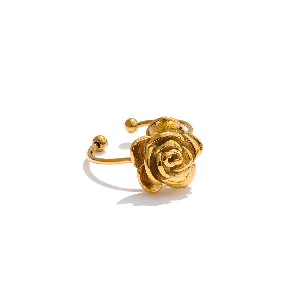 Gold stainless steel open-band ring with rose-flower silhouette