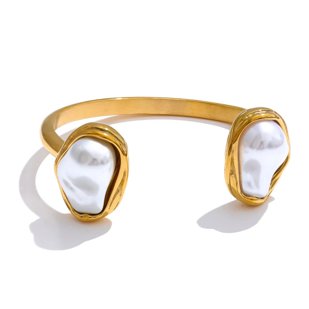 Gold stainless steel open cuff bracelet with baroque-inspired simulated pearls