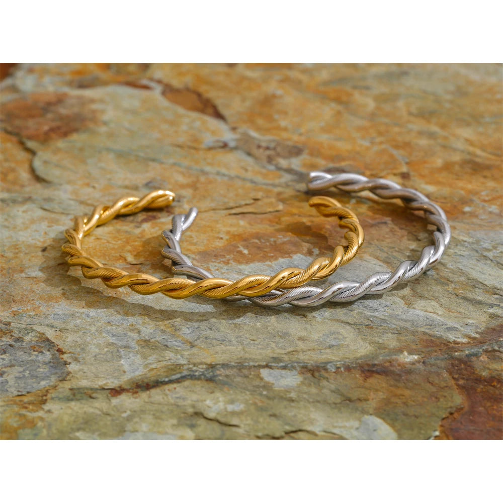 Silver stainless steel twisted open cuff bracelet with polished finish