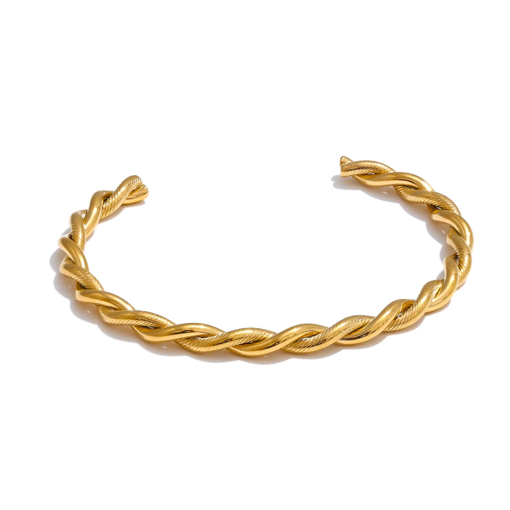 Gold stainless steel twisted open cuff bracelet with polished finish