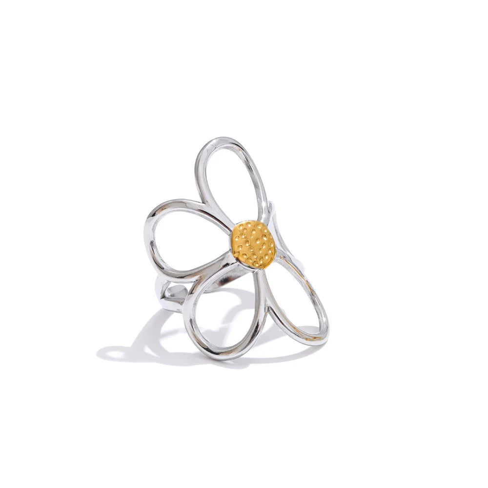 Gold stainless steel adjustable ring with delicate flower motif