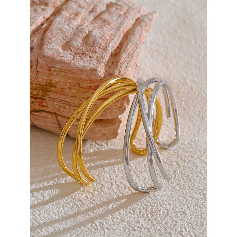 Silver stainless steel open cuff bracelet with minimalist design