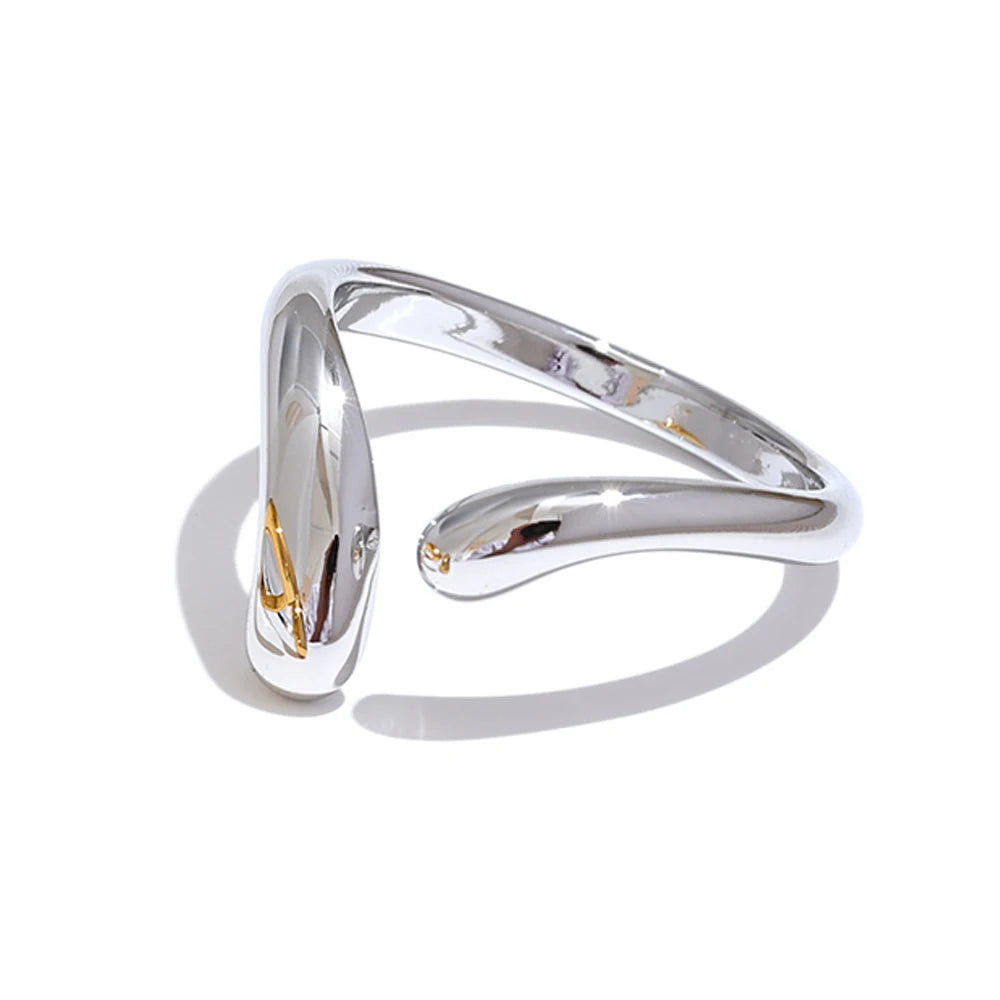 Gold stainless steel thin open-band ring with polished metal detail