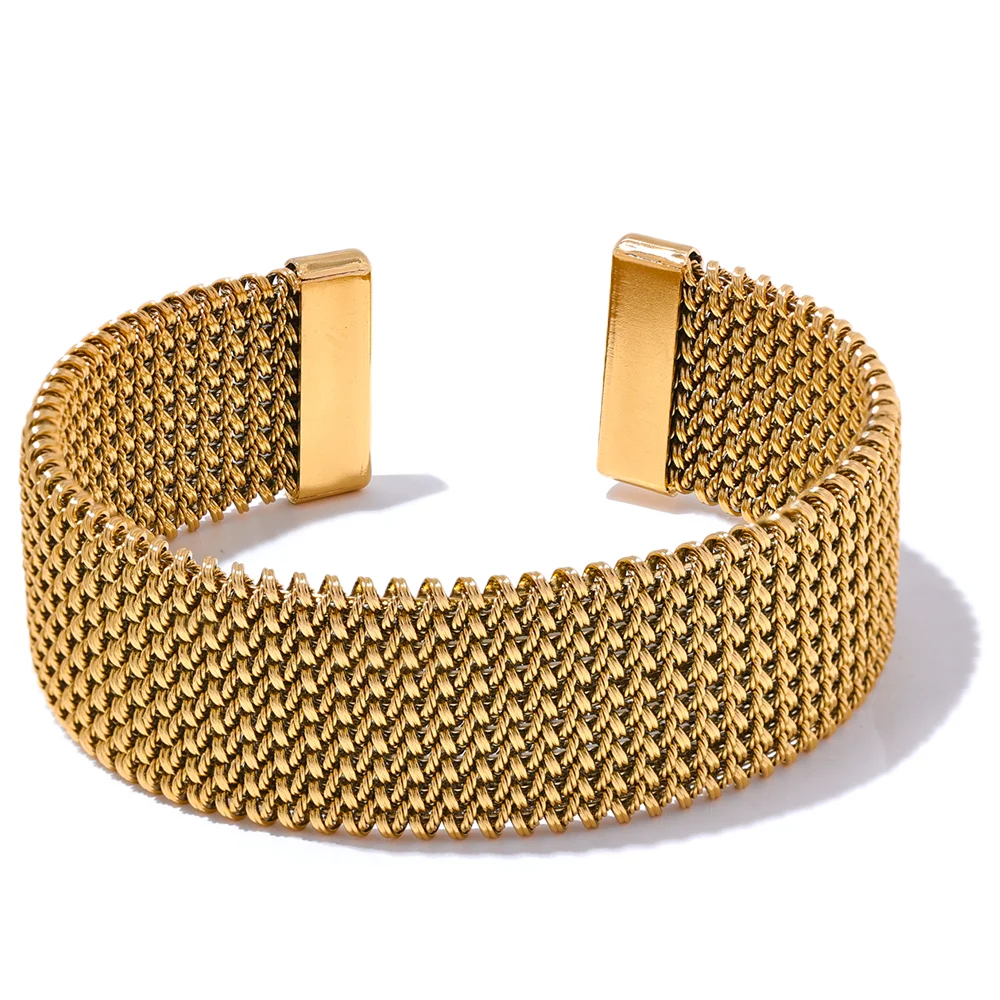 Wide gold stainless steel open cuff bracelet with textured finish